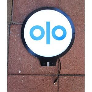 Olo Illuminated Sign Light Up Logo Blue White 13 Inch Diameter Two-Sided Used